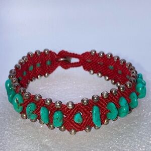 Vtg Navajo Turquoise Sterling Beads & Clasp Braided Woven Cord Bracelet 7” x .6”